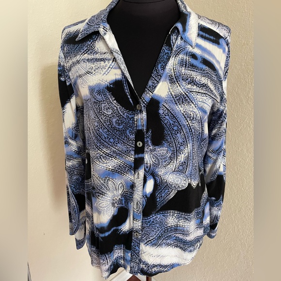 Chico's Tops - Chico’s Blue & Black, Button Down, Long Sleeve, V Neck Top, Size 1 (Medium)